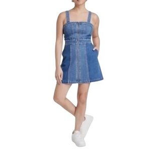Wild Fable Denim Mini Pinafore Wash Patchwork Zipper Jean Dress western cowgirl